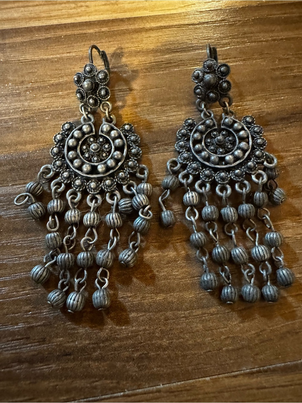Vintage Silver-Tone Beaded Tassel Dangle Earrings